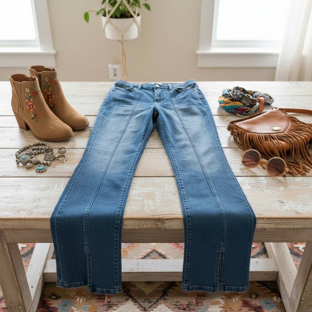 Free People We the Free Flare Jeans Front Pintuck Seam Blue Size 26 Mid Rise - Picture 4 of 16